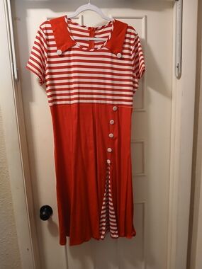 Red Striped Kids Dress with Button Detail
